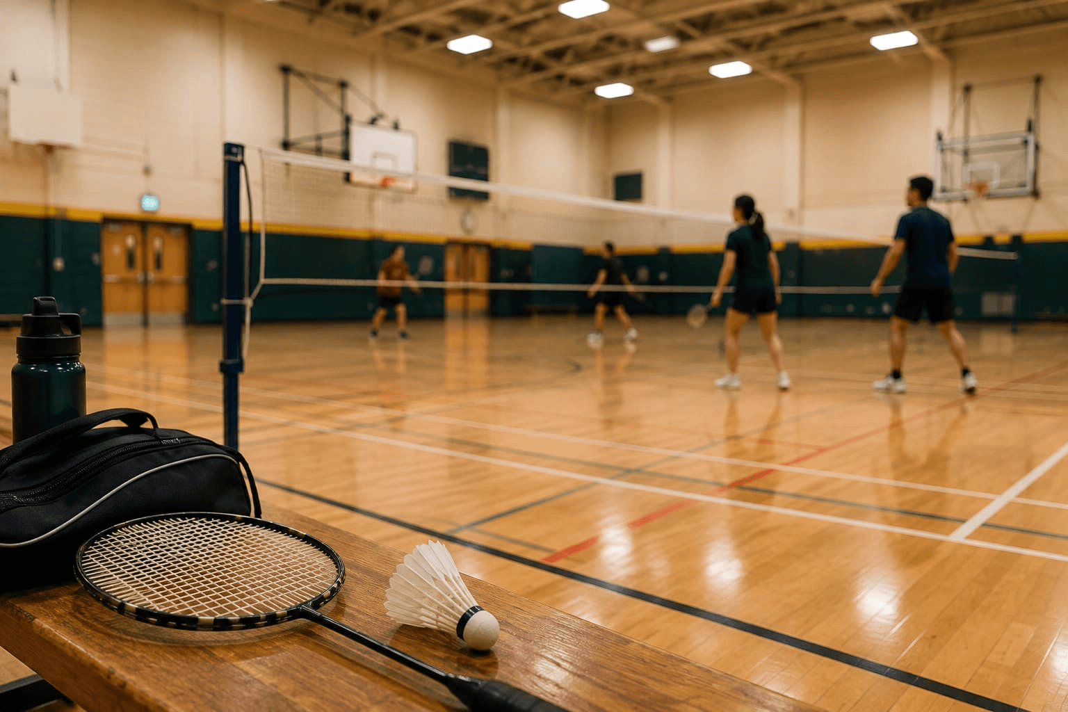 Adult badminton players on court, with a racquet and shuttlecock ready courtside