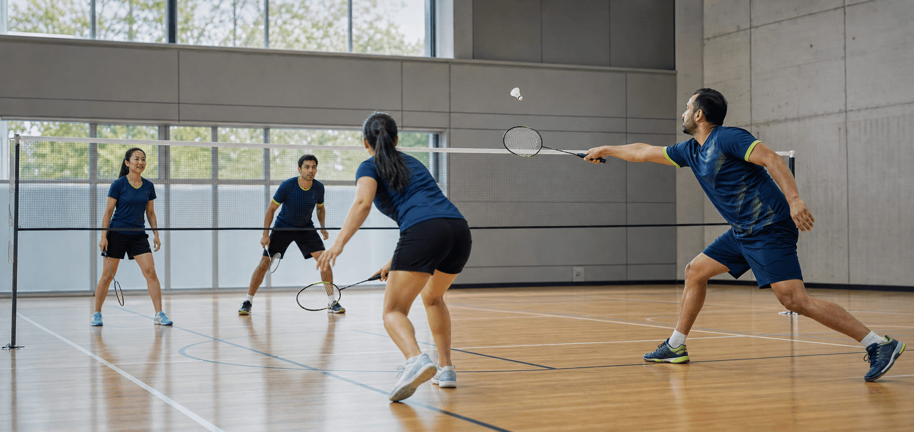 Four adult badminton players competing in a doubles rally